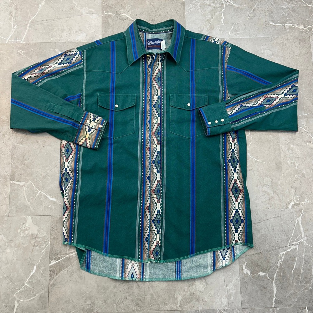 Vintage Wrangler Brushpopper Pearl Snap Shirt Mens XL Western Workwear Aztec